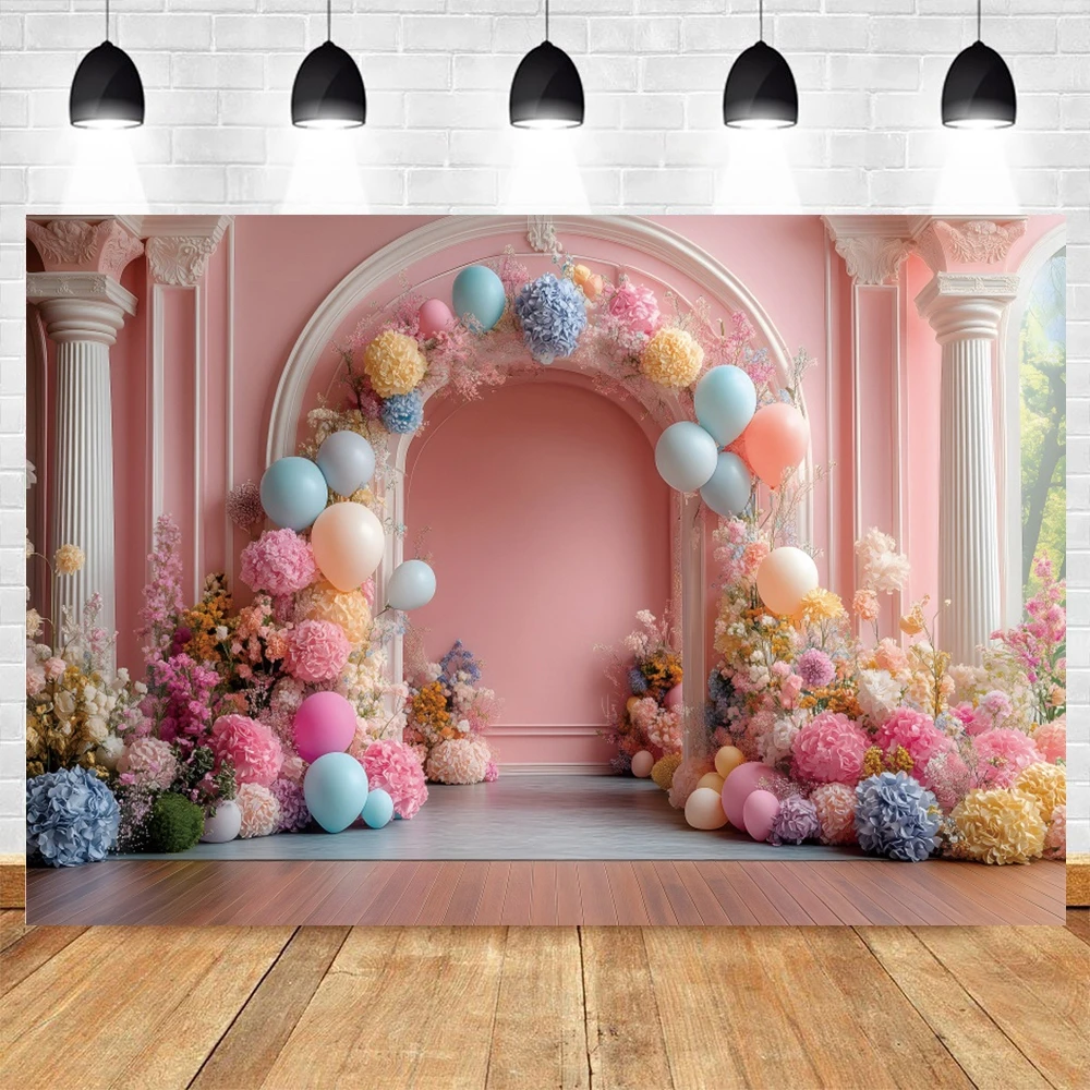 Newborn Portrait Photography Backdrop Interior Palace Wall Arch Balloons Flowers Baby 1st Birthday Party Photo Background Decor