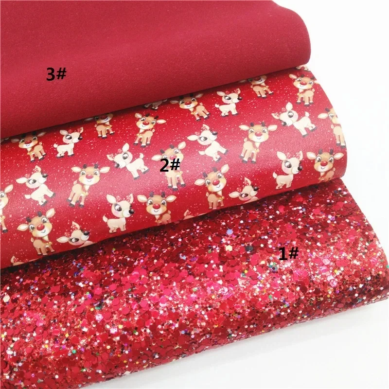 Red Glitter Leather Sheets Mistletoes Reindeers Printed Synthetic Leather Suede Faux Leather DIY Craft Sheets Mini Rolls W354