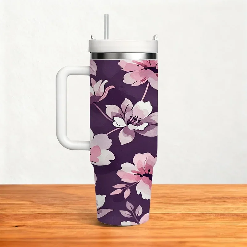 Watercolor Floral Print Stainless Steel Insulated Tumbler, 40Oz Double-Wall Travel Mug with Elegant Pink & White Blooms on Dark Purple Background, Reusable Thermal Cup for Drinks at Home, Office And Outdoor Commute
