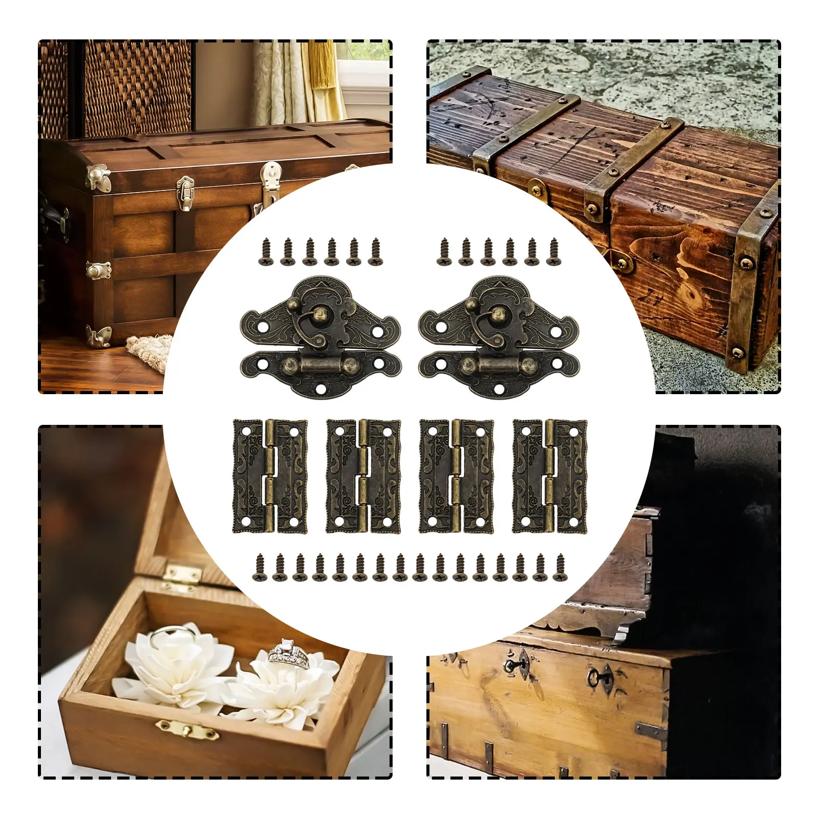 Comprehensive Wooden Box Hardware Collection Features 4 Hinges 2 Locking Hasps and 28 Screws in a Bronze Finish