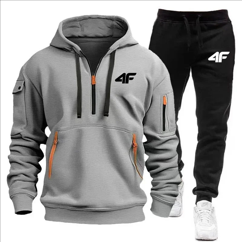 Men's spring fitness and casual European multi-pocket loose sportswear set, hooded sweatshirt and jogging pants two-piece set