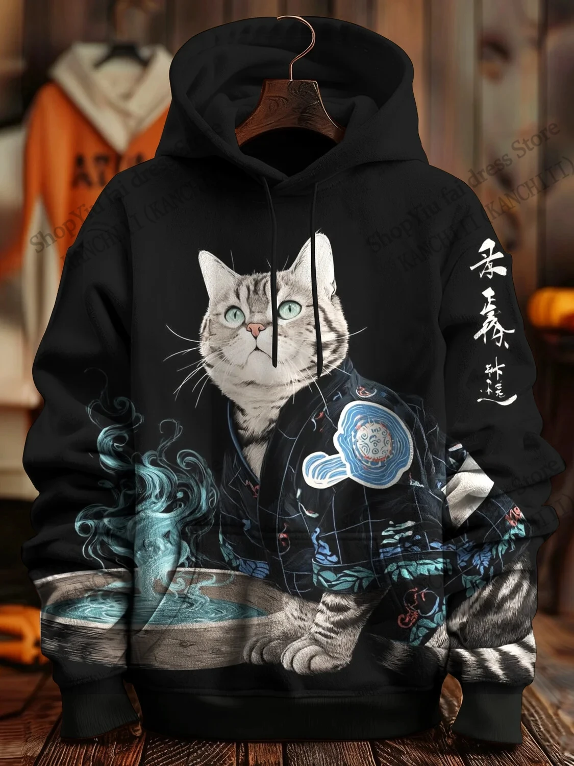

Новая толстовка с капюшоном с мультяшным животным котом, японский самурайский кот, толстовка с 3d принтом для мужчин и женщин, модный спортивный костюм большого размера, мужская одежда