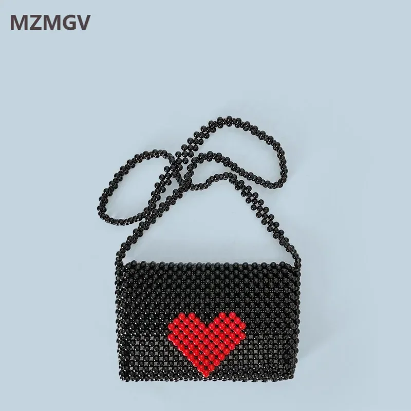 

Design Red Heart Shape Acrylic Beaded Bag Hand-woven Black Beaded Crossbody Bag Solid Color Flip Banquet Small Square Bag 2025