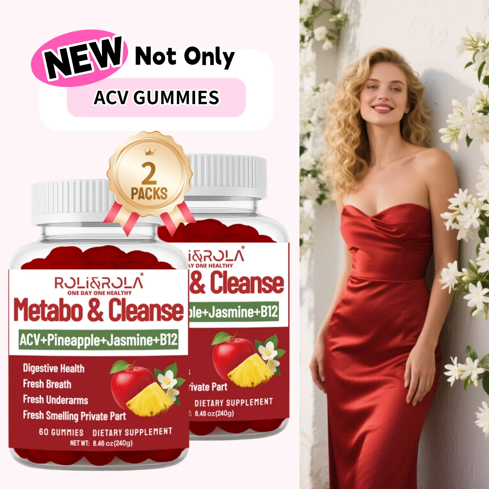 ROLI&ROLA 2 Pack*60count Metabo Cleanse ACV+B12 Gummies. Gut Health Fresh Breath Underarms&Private Parts for Men&Women.