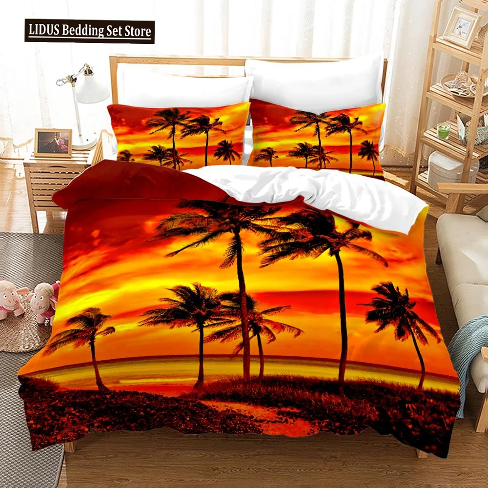 

Tropical Landscape Polyester Duvet Cover Sets King Full With Pillowcase Coconut Trees Sea Sunset Natural View Large Sun Pattern