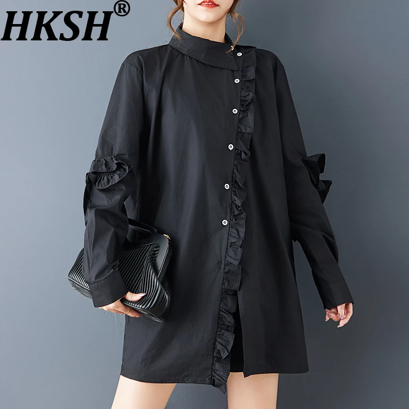 

HKSH весна осень новая женская рубашка с воротником-стойкой однобортная асимметричная темная блузка с длинными рукавами и рюшами элегантные топы HK13617
