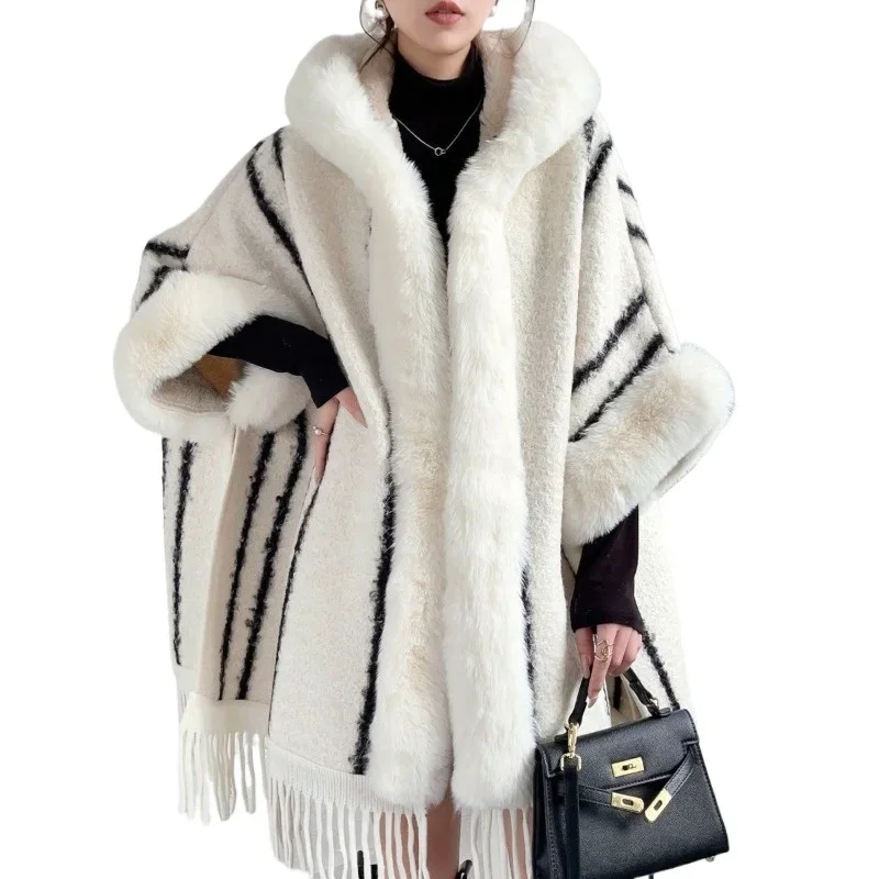 

Women Big Fur Collar Outstreet Winter Thicken capas y Poncho Cape dress Striped Long goth Cloak Loose Tassel Coat JJ537