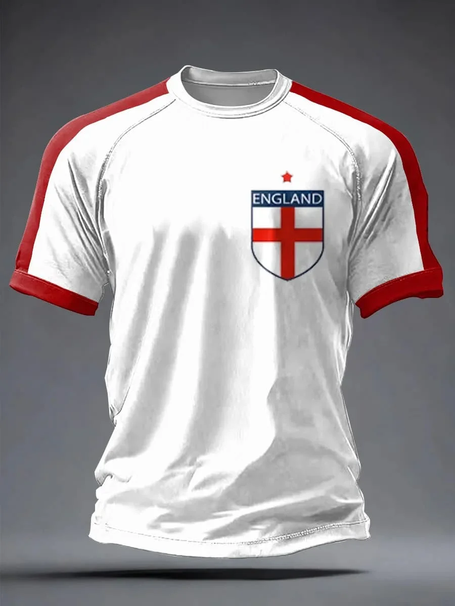 England National  Men Soccer T-shirt St George Cross Shield Crew Neck Raglan Sleeve Red Trim Fan Sports Short Sleeve Jersey