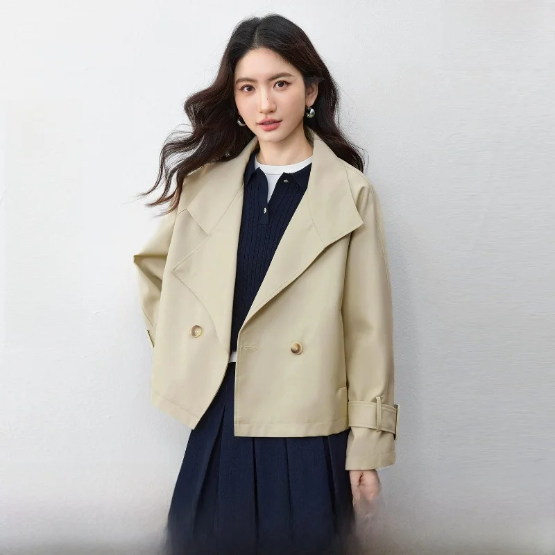 

Elegant Double-Buckled Short Coat for Women Commute Style Loose Fit Turn-down Collar Spring Season Ladies Fashion Outerwear