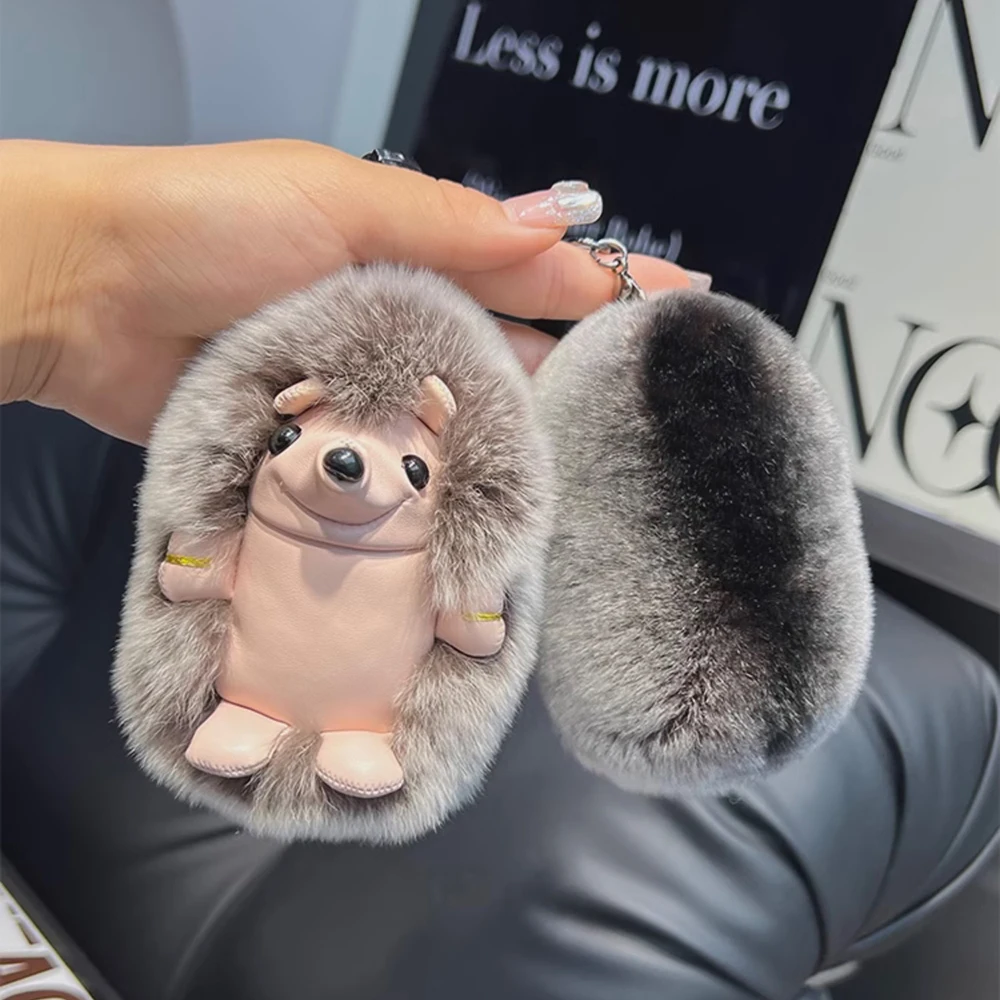 Cute Hedgehog Real Rex Rabbit Fur Key Chains Plush Toy Pendant Kids School Bag Hanging Ornaments Women Car Keyring Trinkets Gift