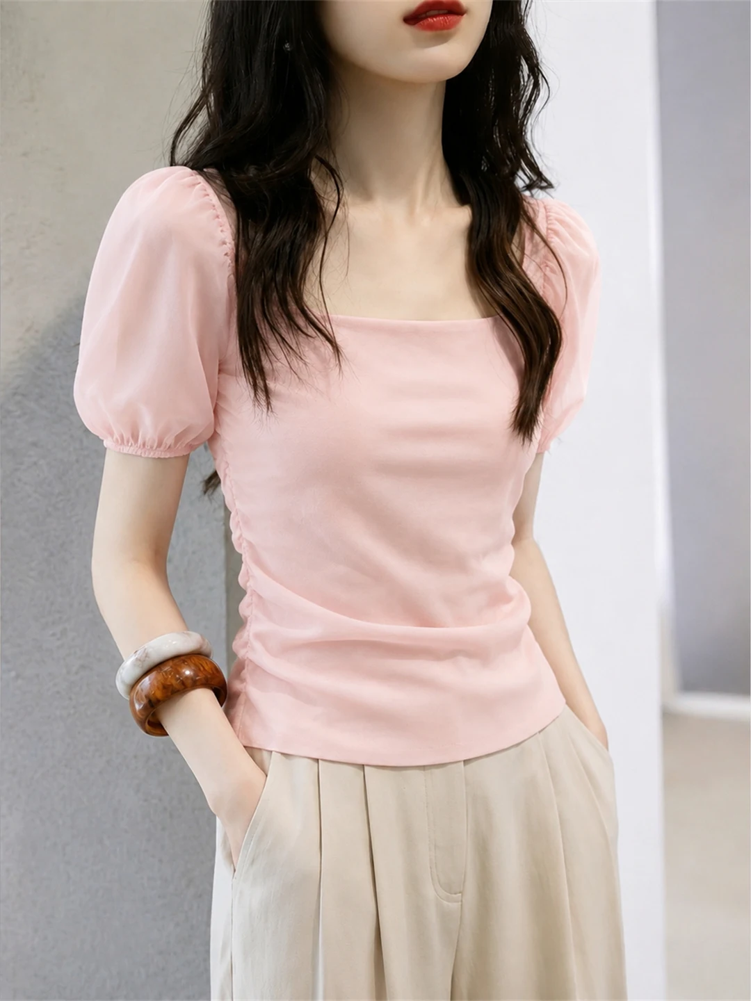 Elegant Sweet Style Short Sleeve T-Shirt Versatile Fashionable High-End Sensation Precise Top Small Shirt Commute Style Korea...