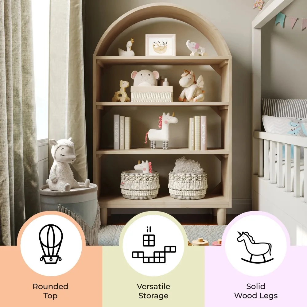 Kids Open-Style Engineered Wood Bookshelf with 4 Shelves and Covered Rounded Top