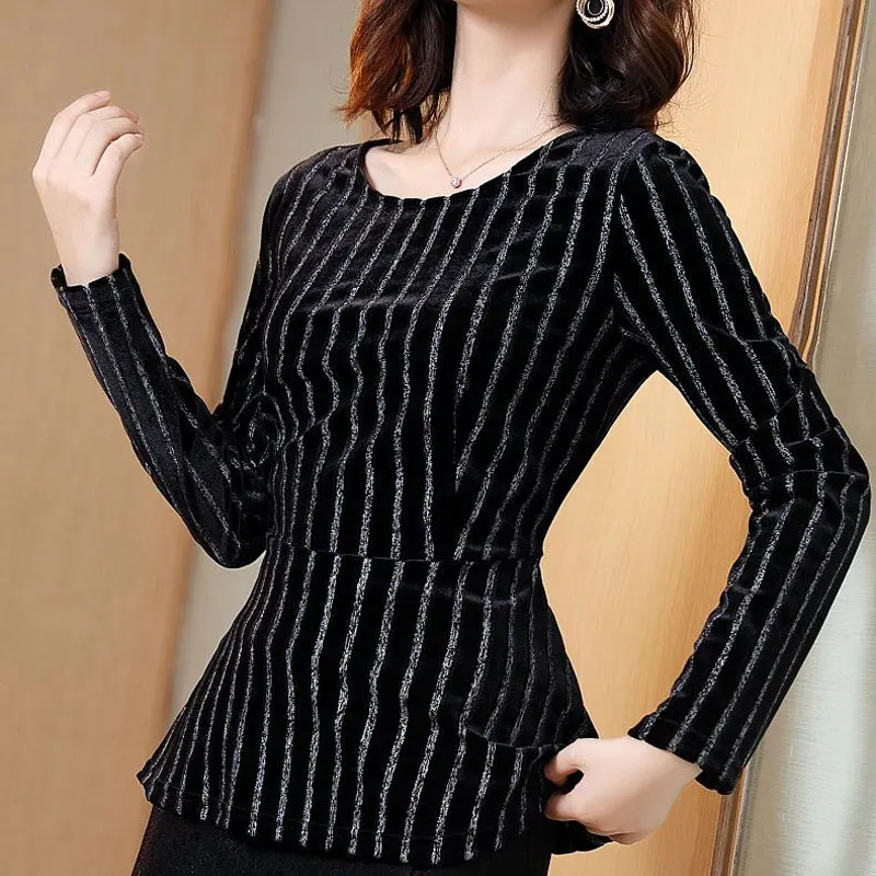 Commute Striped Waist Velvet Pullovers Autumn Winter All-match Long Sleeve Women\'s Clothing Casual O-Neck Korean Slim T-shirt