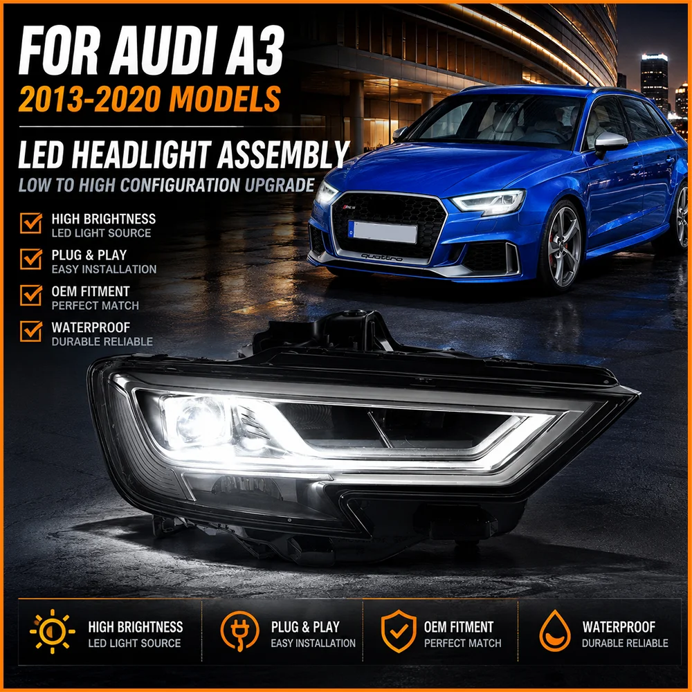 For Audi A3 8V 2013 2014 2015 2016 2017 2018 2019 2020 Upgrade LED Auto Projector Headlights With Daytime Running Light Pair