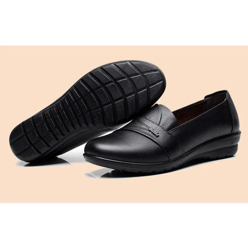 BEYARNE Leisure solid blackshoes women flats genuine leather slip-on loafers large size 35-41 ladies shoes dames schoenenE017