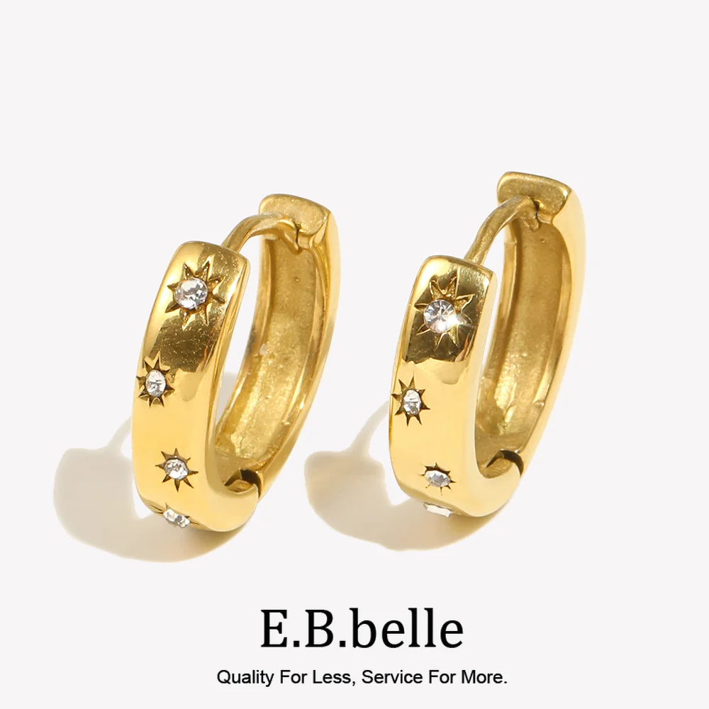 E.B.belle Small Size Chunky Hoop Earring Blingbling Crystal Zircon Stone Huggies Earrings For Woman Stainless Steel Earring