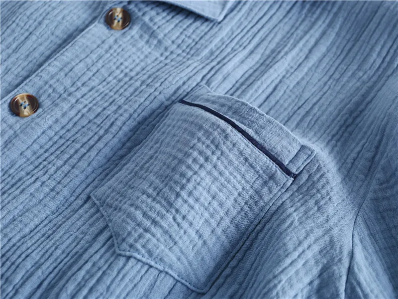 جديد التلبيب طوق قميص بدل رجالي الرجال منامة قميص قطني بكم طويل سترة قطعتين مجموعة ملابس خاصة للنوم الذكور منامة #6