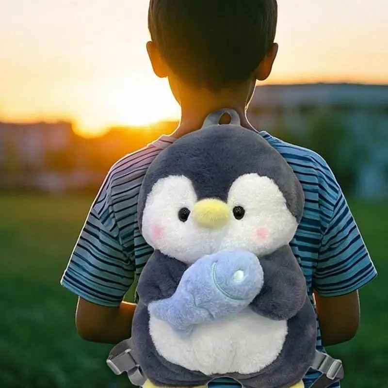 Plush Penguin Backpack Adjustable Shoulder Straps Penguin Stuffed Backpack Cartoon Tote Bag For School Soft Little Shoulder