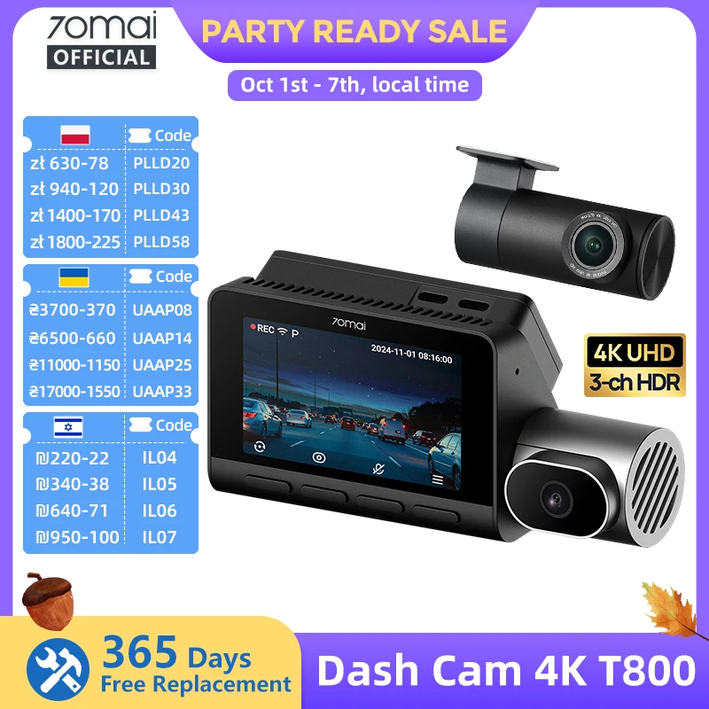 70mai T800 3-Channel HDR Car DVR Front 4K+Rear 4K/1080P+Interior 1080P Voice Control Super Capacitor GPS ADAS Support 4G Wifi 6