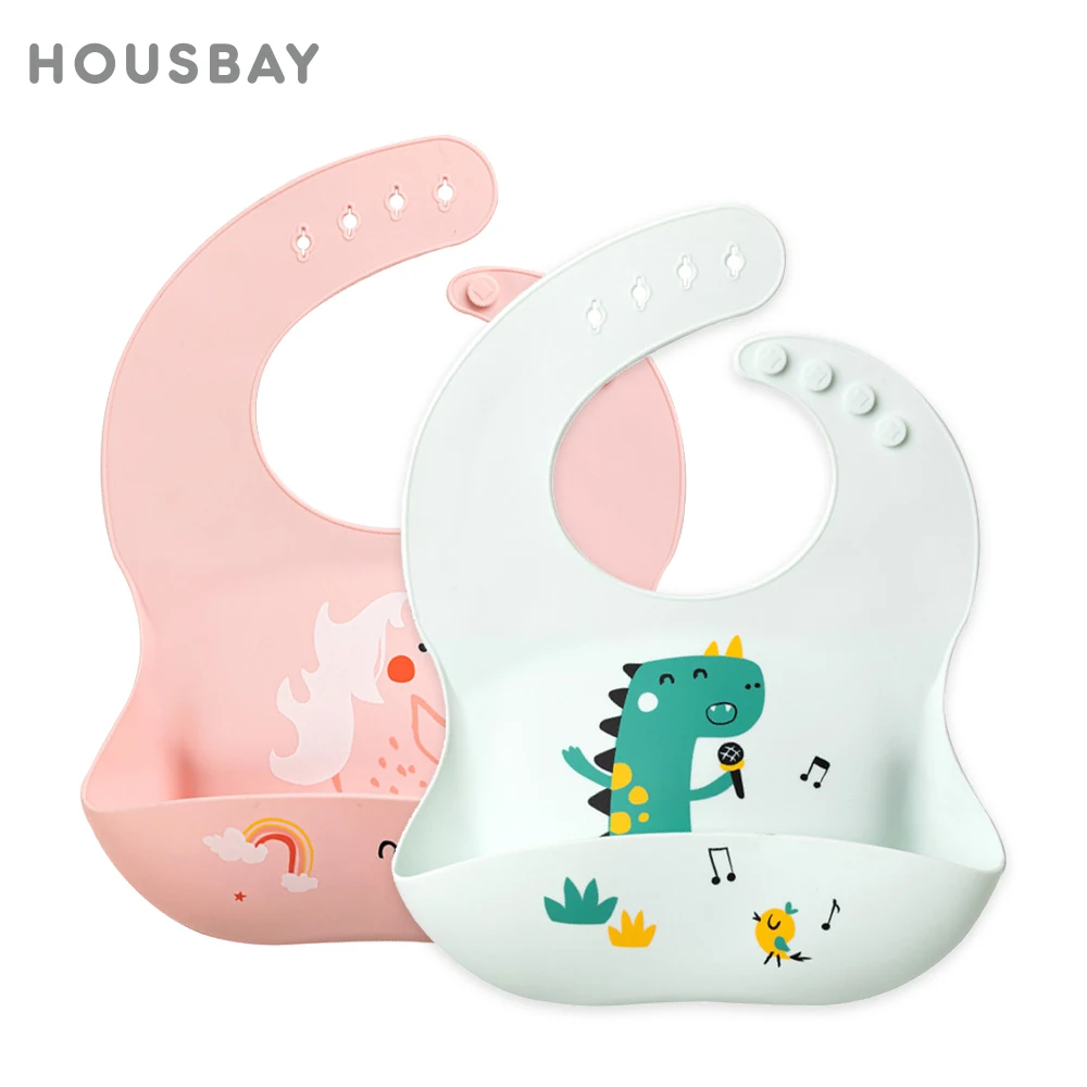 

Waterproof Bibs For Kids Eating Foods Baby Bibs Soft Silicone Cartoon Printed Adjustable Baby Tasting Feeding Bibs Reusable