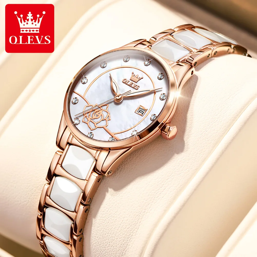 OLEVS 3606 Fashion Quartz Watch Gift Ceramic Watchband Round-dial Wristwatch Calendar Luminous