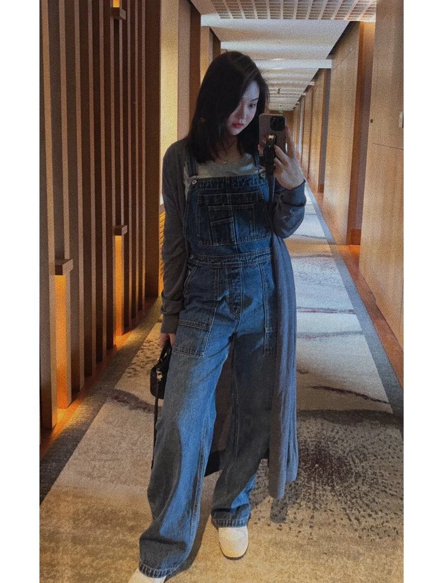 

OSENSO Nara Deer Vintage Blue Women's Spring Autumn Loose Slimming Wide Leg Overalls KZ23033 High Waist Long Pants Cotton