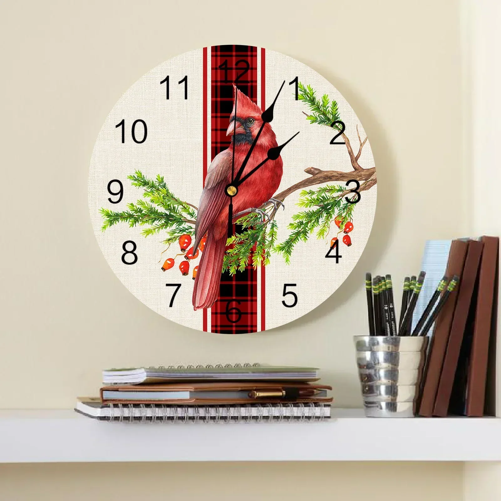 Christmas Red Plaid Cardinal Bird Round Wall Clock Modern Design Kitchen Hanging Watch Home Decor Silent Wall Watch