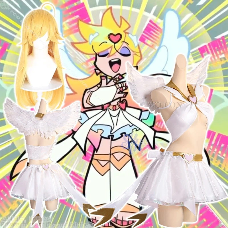 

PANTY Cosplay Sexy White Bikini Set with Henshin Angel Wings Mini Dress for Women Halloween Costume Anime Panty & Stocking with