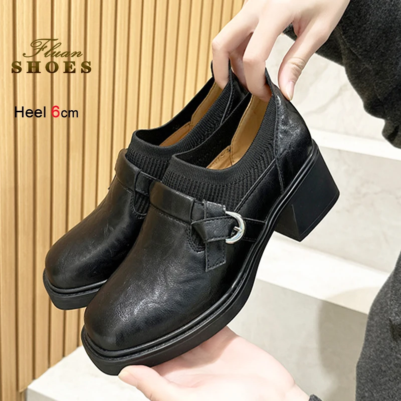 

Academy Style Woman Single Shoes 6CM High Heels Elastic knit splice Fashion Loafers for All Seasons Matte Black Women's Pumps