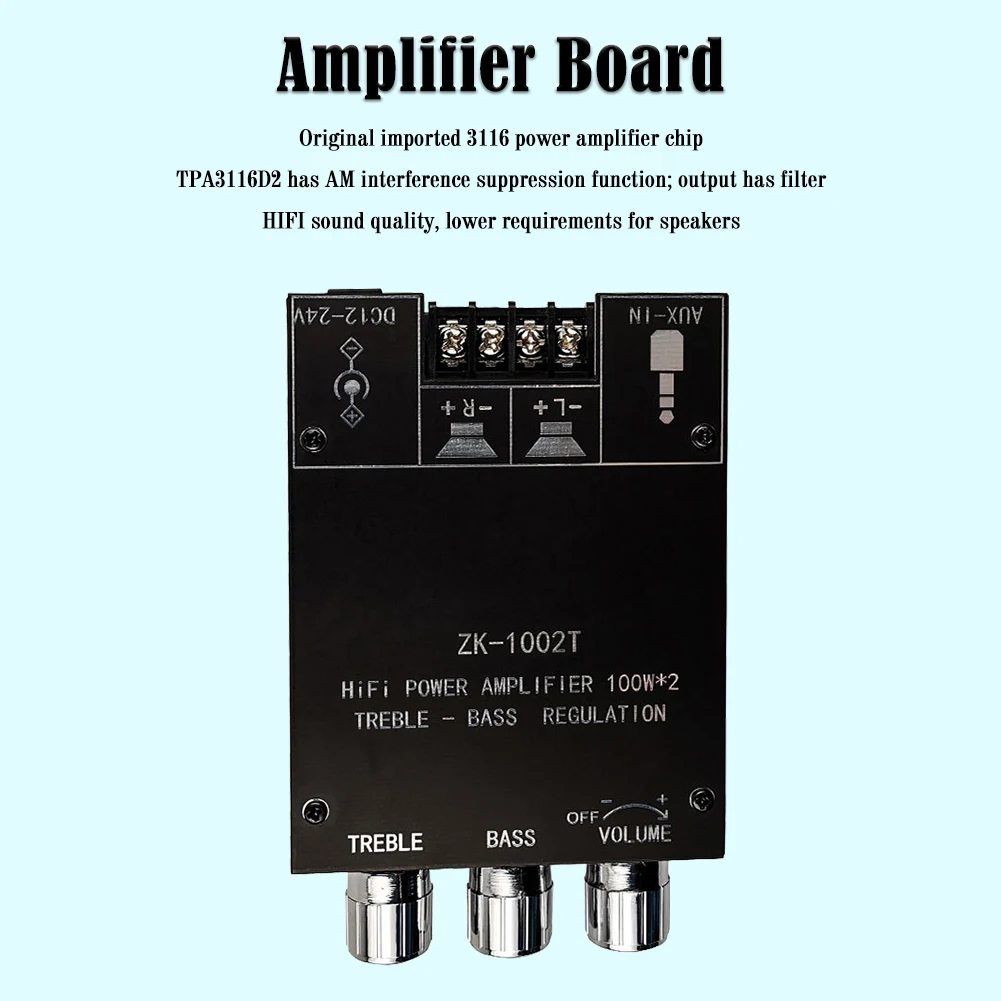 ZK-1002T amplificador compatível com bluetooth hifi 2.0 canais 100wx2 kit de módulo de áudio