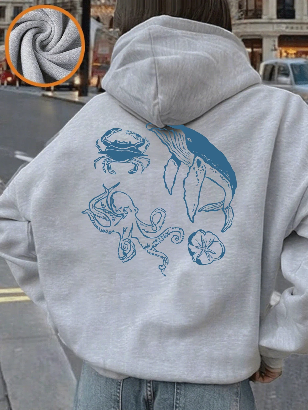 الحياة البحرية الطباعة هوديس المرأة الشتاء الصوف البلوفرات الدافئة موضة جيب بلوزات مريحة فضفاضة الملابس النسائية #2