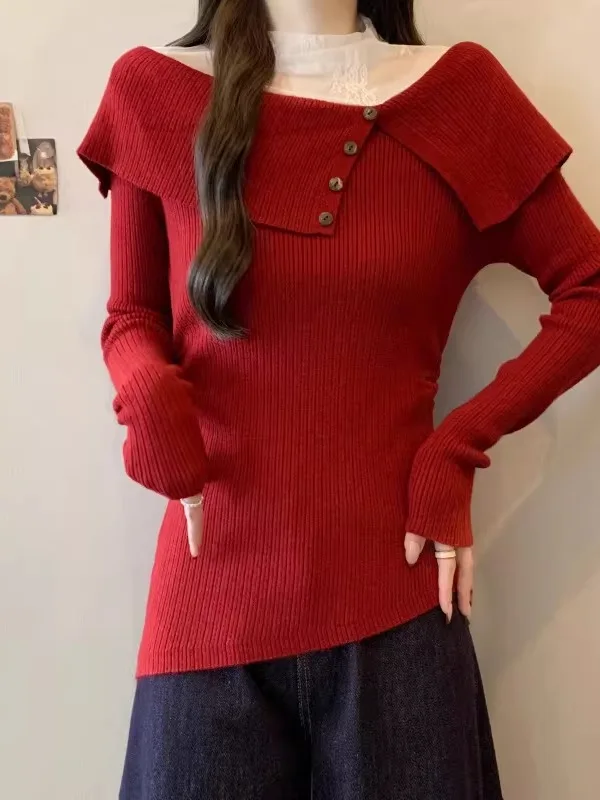 

Красный кружевной трикотаж Me Long Sve, женский топ больших размеров, весна 2026, утягивающий топ с асимметричным отложным воротником