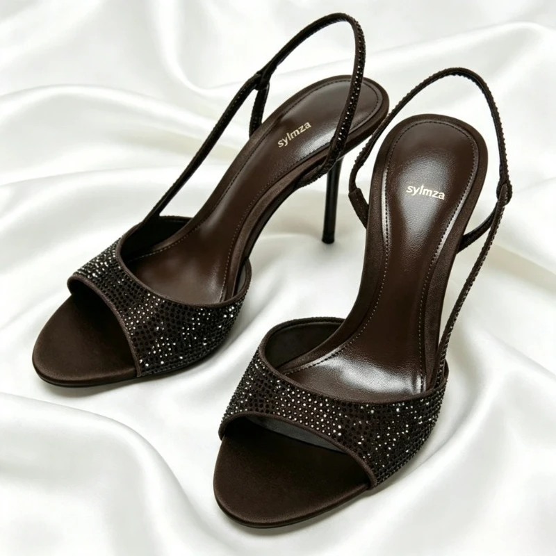 Shiny Crystal Detail Heeled Sandals Women Fashion Pointed Toe Back Strap with Elastic Heels Summer Sexy Open-Toe Designer Shoes