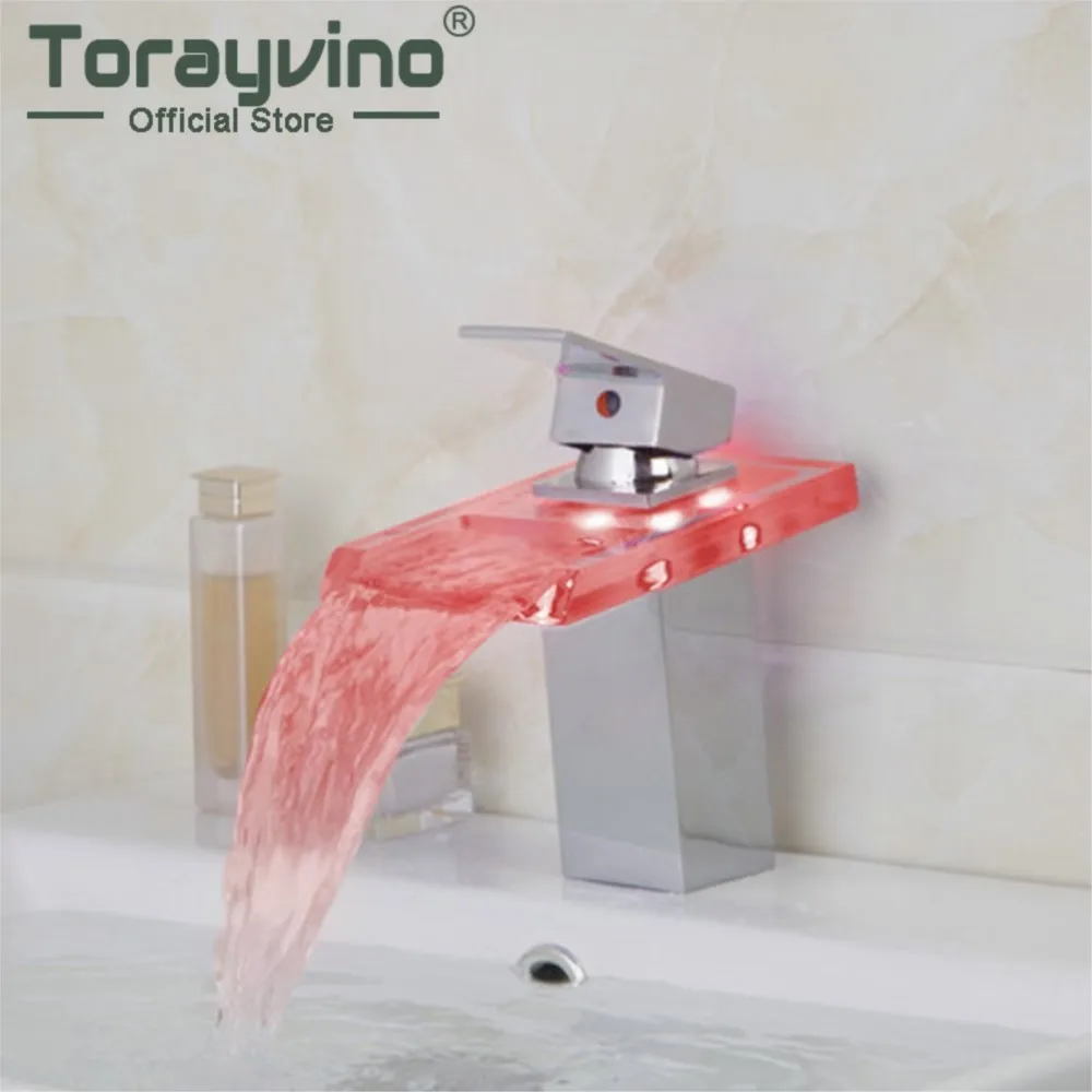 Torayvino Bathroom Faucet LED Light Waterfall Glass 3 Colors Chrome Deck Mounted Sink Basin Faucets Mixers Water Taps