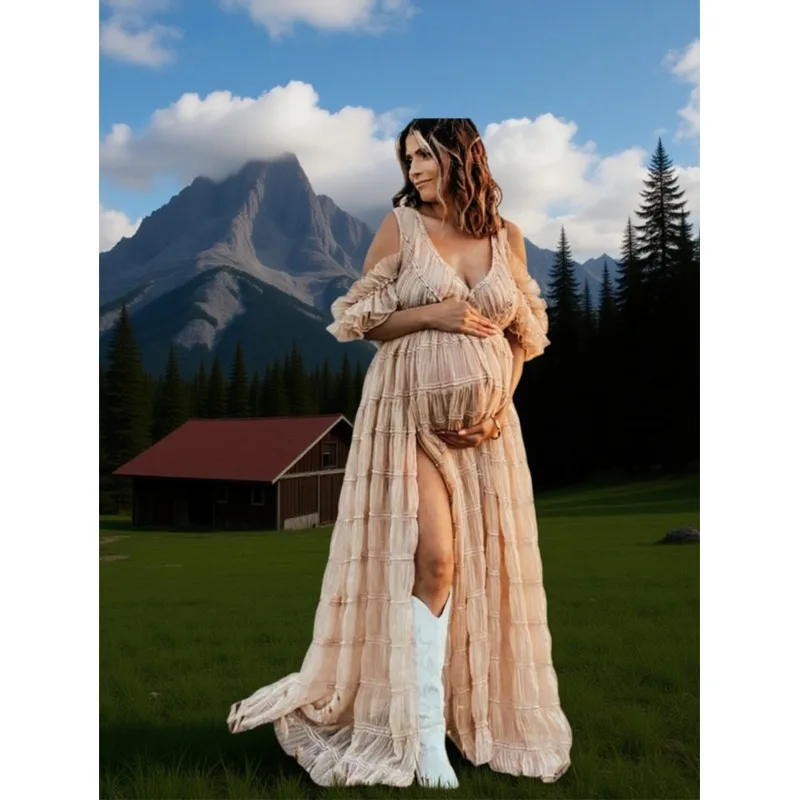 Layered Maternity Gown - 3D Hydrangea Chiffon Photo Dress - Breathable Pregnancy Shoots Photographie de vêtements de maternité