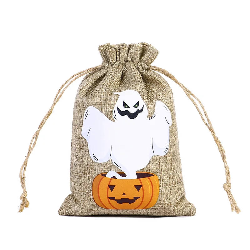 4pcs/8pcs/12pcs Halloween Linen Bun Storage Bag Halloween Pattern Candy Gift Packaging Bag Linen Drawstring Bag