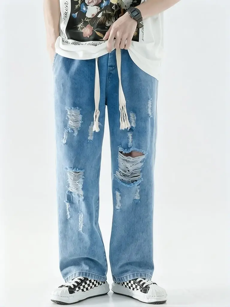 Streetwear Ripped Hole Baggy Jerans Men Loose Straight Pants Elastic Waist Denim Pants Light Blue Summer Jeans Trousers Casual