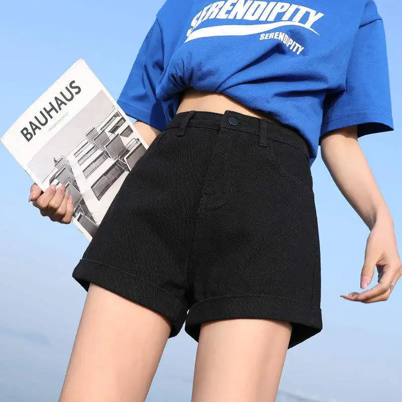 High Waist Denim Shorts Women's Summer Thin Loose Wide Leg Cuffed Small Size A-Line Black Hot Pants Commute Style Five-Quarte...