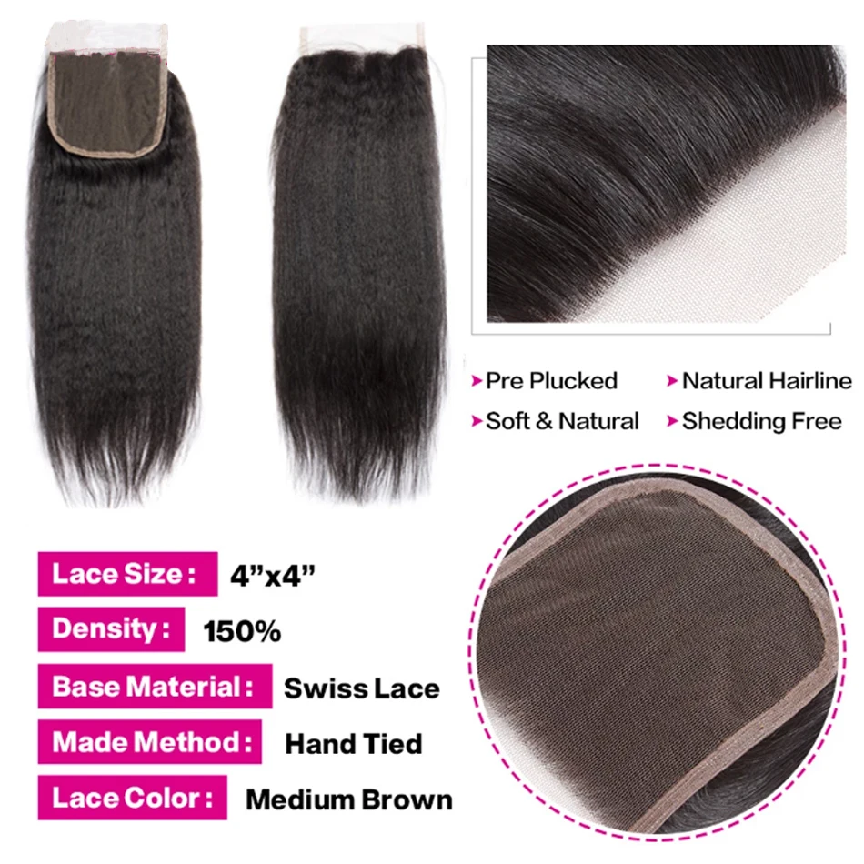 kinky Straight Bundles With 13X4 Transparent Frontal Yaki Straight 100% Human Hair Bundles With 4x4 Lace Closure and Bundles