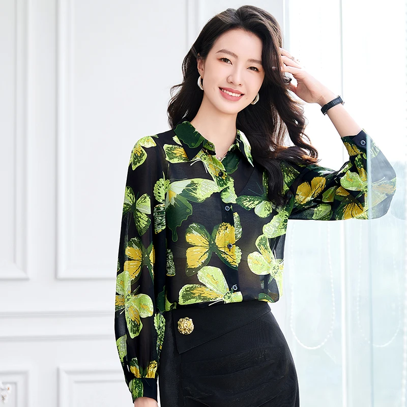 NAVIU Purple Yellow Print Turn-down Collar Fashion Shirt Office Lady Style Blouse Women\'s Long Sleeve Overalls For Tops