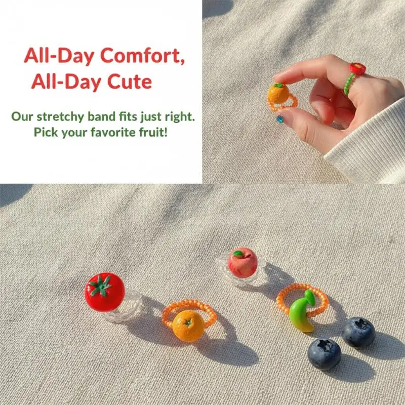 Cute Summer Fruit Cartoon Resin Beaded Rings Colorful Fashion Jewelry for Women Girls Vacation Trip Accessory