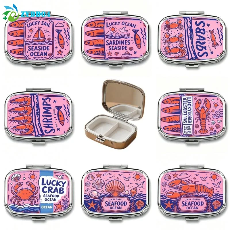 ●1Pcs 2-Compartment Retro Sardine Print Pill Box Metal Mini Organizer For Women Travel Jewelry Medicine Candy Storage