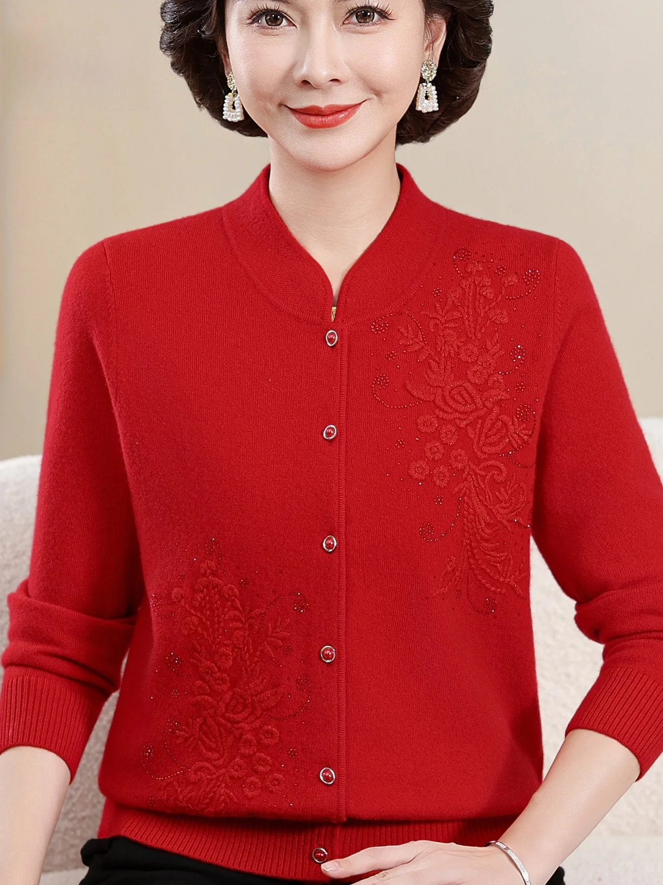 

Red Pure Wool Knitted Cardigan Embroidered Stand Collar mid to Old Age Women's Faion Autumn Winter New Sle Commute Sle