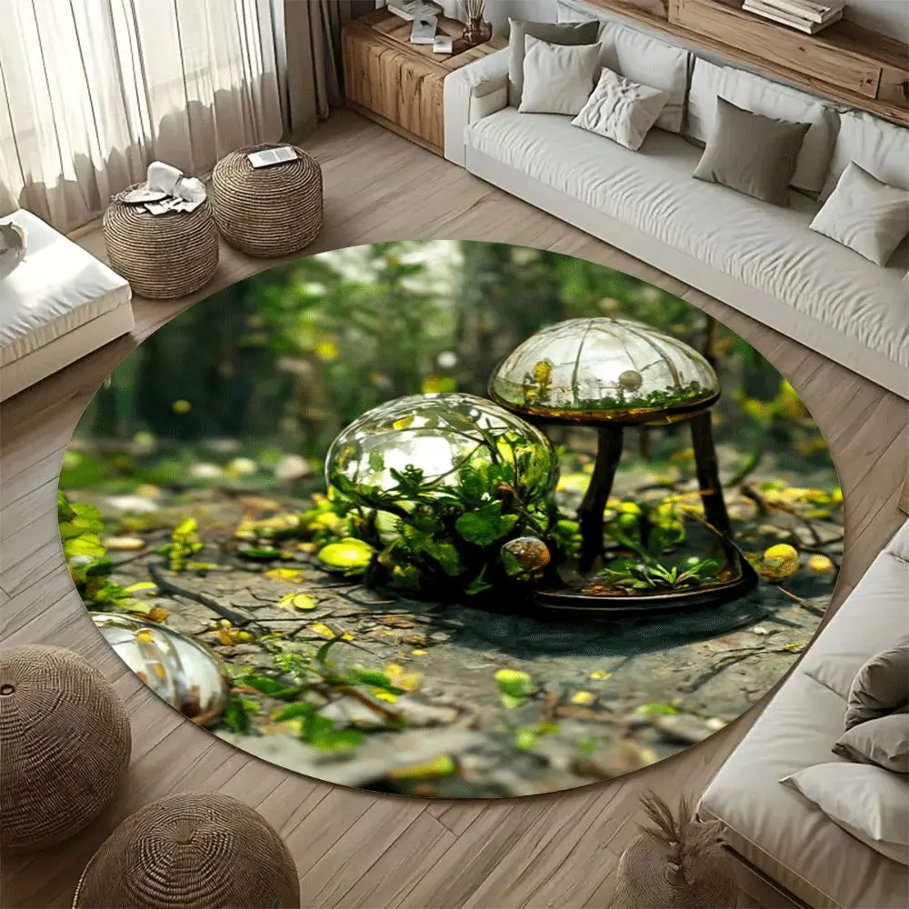 Nature Glass Terrarium Round Area Rug, Eco Garden Botanical Pattern Circular Floor Mat for Living Room Bedroom Home Decor