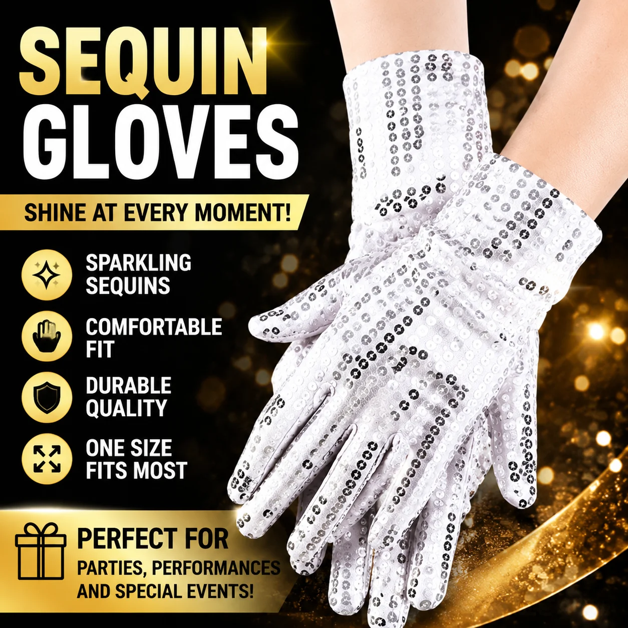 Professional Shiny Sequined Performance Gloves for Disco Stage Nightclub Dance Party Michael Jackson Style Show Gloves Kit