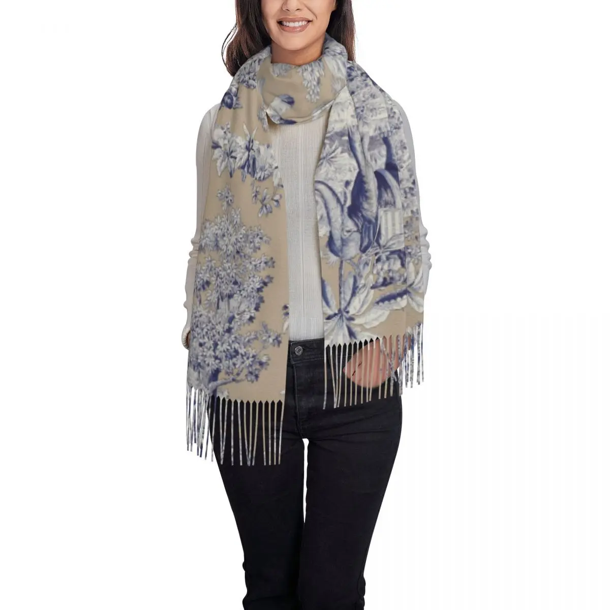 CustomNavy Blue Toile De Jouy French Motif Pattern Scarf Wrap for Women Long Winter Fall Warm Tassel Shawl Unisex Scarves