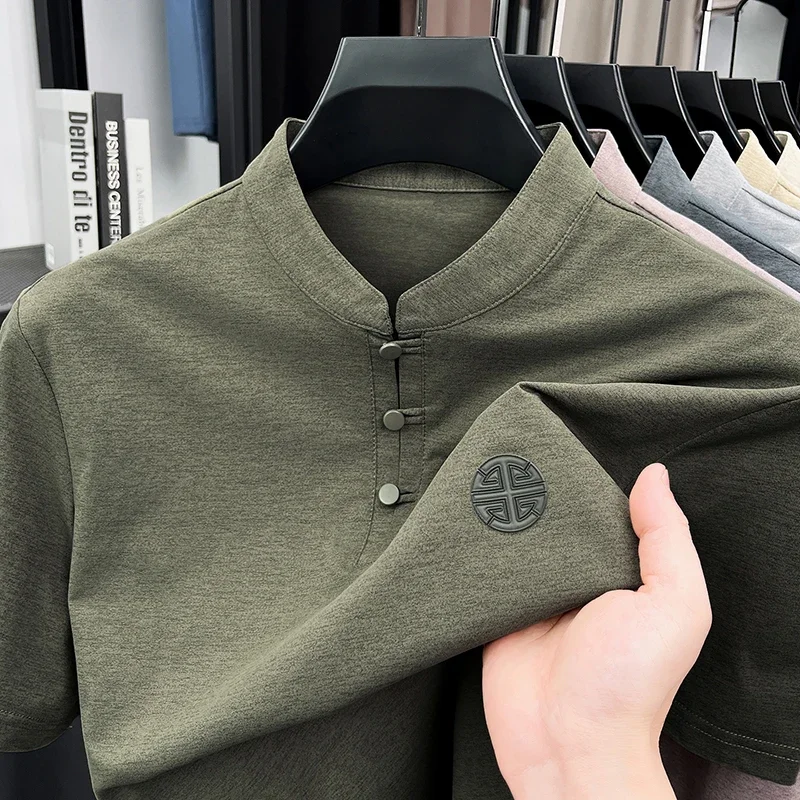 Men's Mandarin Collar Short Sleeve T-Shirt Casual Chinese Style Button Henley Shirt