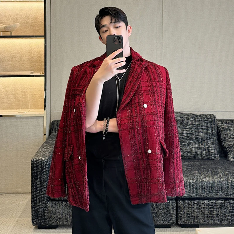 IEFB 2024 Autumn Men\'s Suit Jackets Casual Woolen Shiner Plaid Double Breasted Chic Button Loose Male Blazer Personalized 9C8125