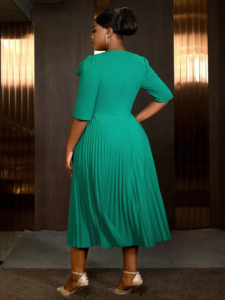 

Plus Size Spring Green Pleated A-Line Elegant Dress For Wedding Guest Birthday Dinner