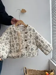 2025 Winter Girls Floral Cotton Suit Fashionable Versatile Thickened Velvet Cotton Clothes Baby Girl Winter